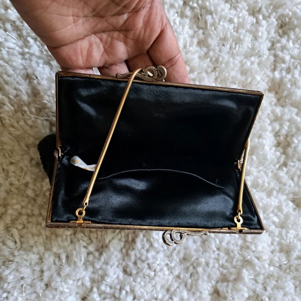 Vintage Black Beaded Clutch Evening Bag‎ Gold Trim Made in Japan